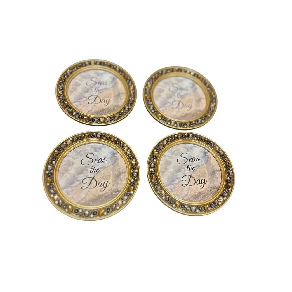 Dickson Gifts Seas The Day Amber Goldtone 4.5 Inch Jeweled Coaster Set of 4 NWOT